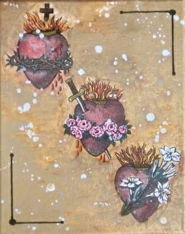 Pictured: Mixed media artwork titled "Sacred Hearts" by Michelle Hooker.